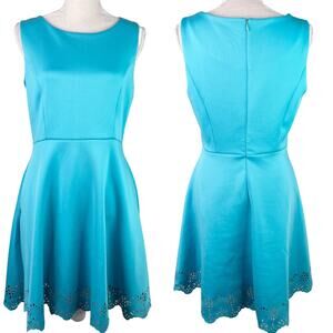 Cynthia Rowley Dress 10 Turquoise Pockets Sleeveless Stretch Cutouts A-Line